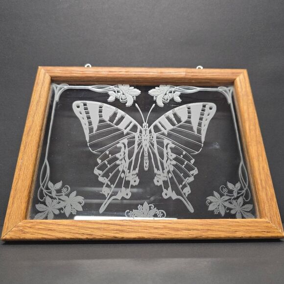 Vintage Butterfly Glass Wooden Frame Window Panel Sun catcher - Picture 3 of 8